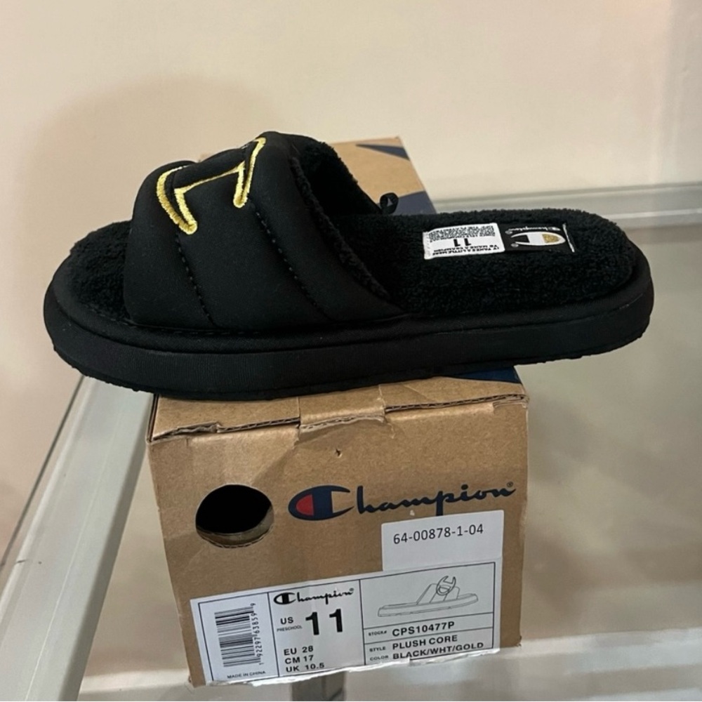 Champion Kids Black and Gold Plush Slide Sandals